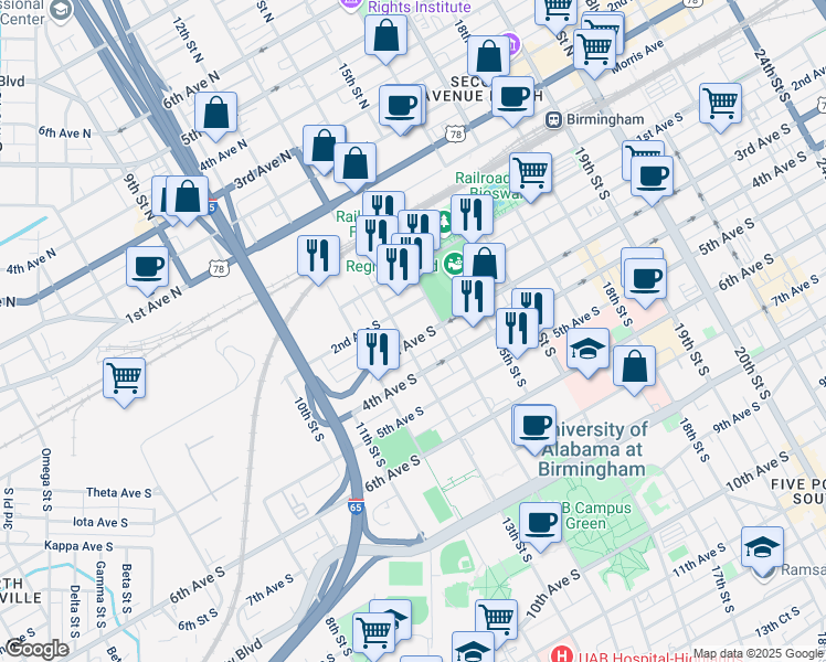 map of restaurants, bars, coffee shops, grocery stores, and more near 1234 3rd Avenue South in Birmingham