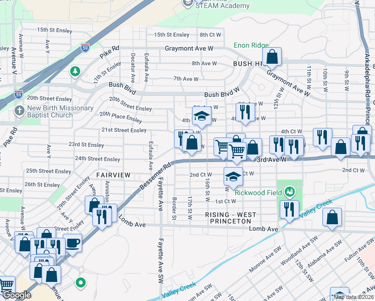 map of restaurants, bars, coffee shops, grocery stores, and more near 1700 3rd Avenue West in Birmingham