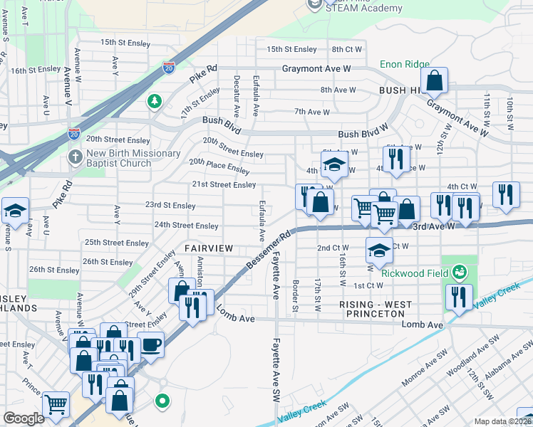 map of restaurants, bars, coffee shops, grocery stores, and more near 2316 Eufaula Avenue in Birmingham