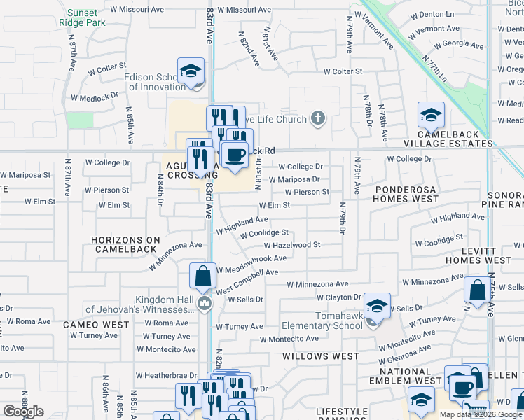 map of restaurants, bars, coffee shops, grocery stores, and more near 8112 West Highland Avenue in Phoenix