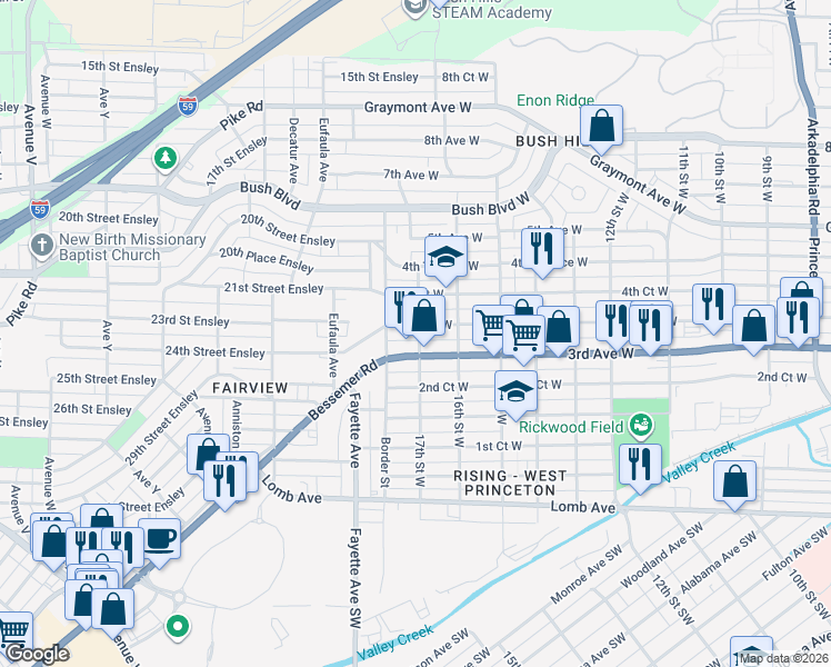 map of restaurants, bars, coffee shops, grocery stores, and more near 1700 3rd Avenue West in Birmingham