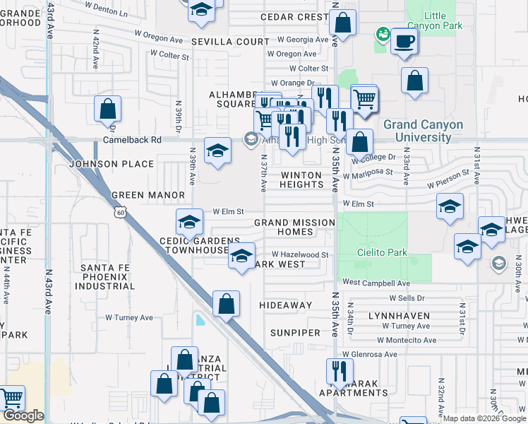map of restaurants, bars, coffee shops, grocery stores, and more near 3700 West Elm Street in Phoenix
