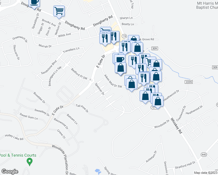 map of restaurants, bars, coffee shops, grocery stores, and more near 137 West Middlebury Lane in Aiken