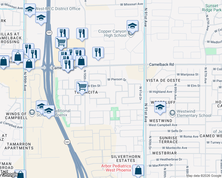 map of restaurants, bars, coffee shops, grocery stores, and more near 9259 West Pierson Street in Phoenix