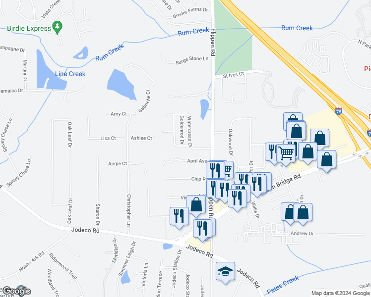 map of restaurants, bars, coffee shops, grocery stores, and more near 203 Turnstone Road in Stockbridge