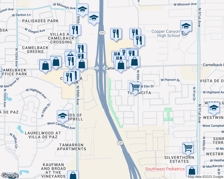 map of restaurants, bars, coffee shops, grocery stores, and more near 14917 West Elm Street in Phoenix