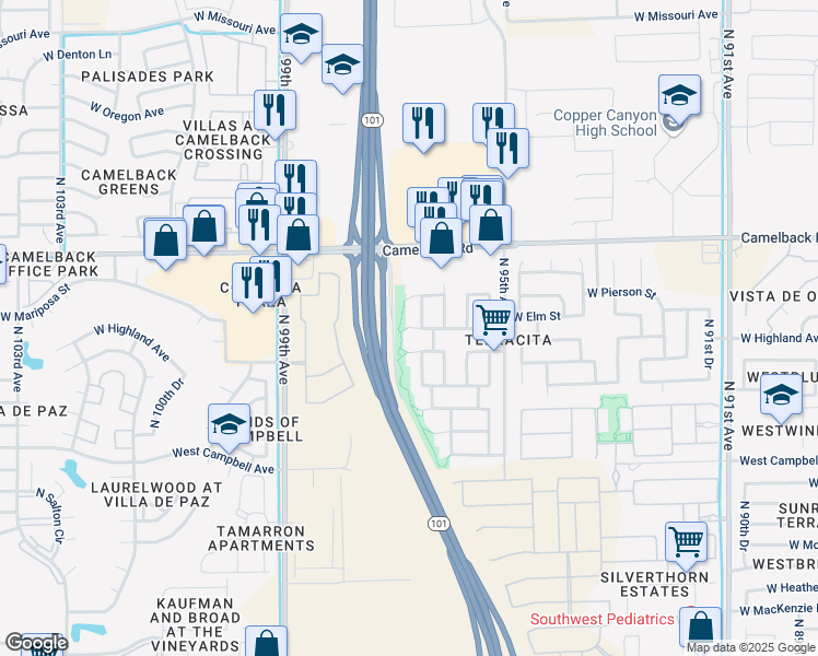 map of restaurants, bars, coffee shops, grocery stores, and more near 18998 West Elm Street in Phoenix