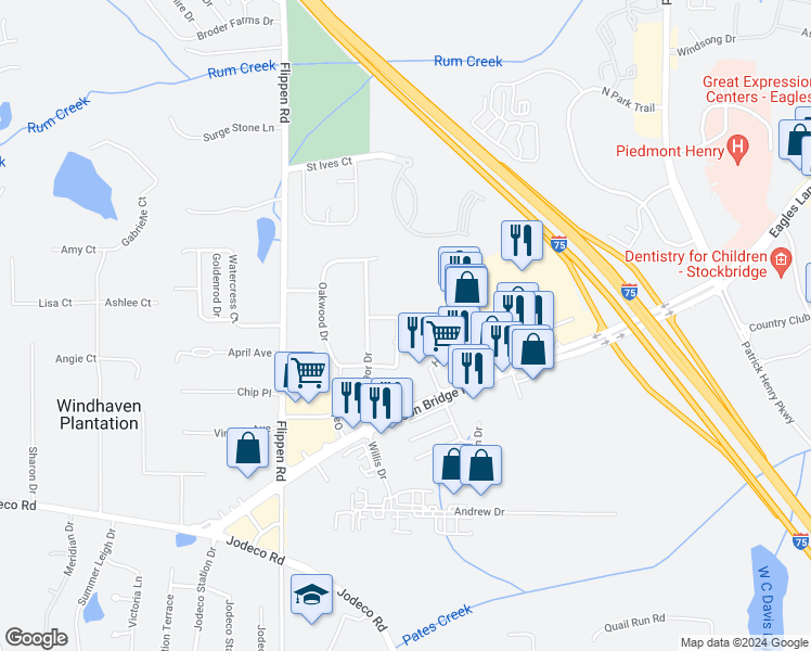 map of restaurants, bars, coffee shops, grocery stores, and more near 202 Oakwood Circle in Stockbridge