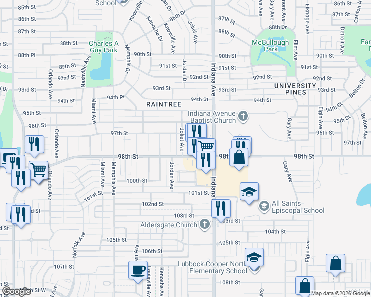 map of restaurants, bars, coffee shops, grocery stores, and more near 9709 Joliet Avenue in Lubbock
