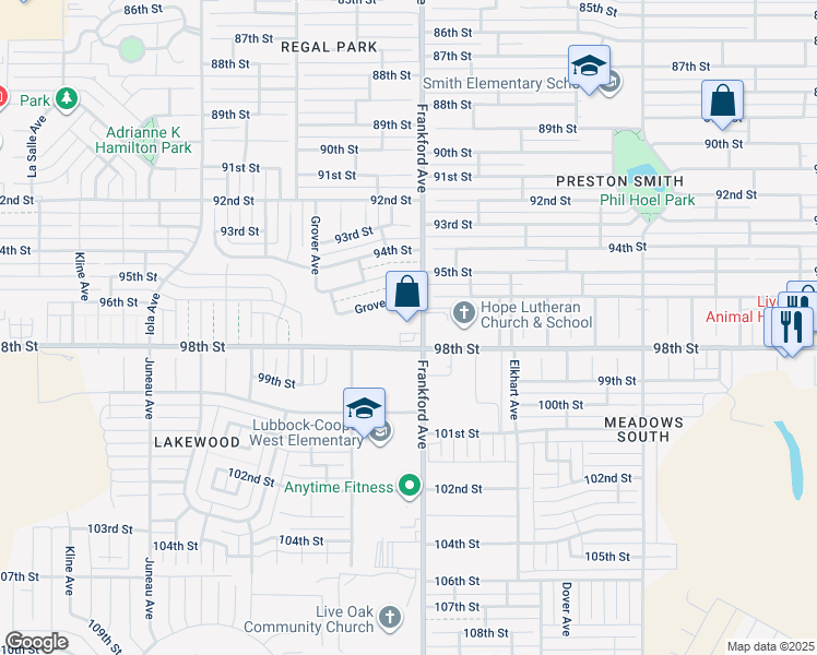 map of restaurants, bars, coffee shops, grocery stores, and more near 5802 98th Street in Lubbock