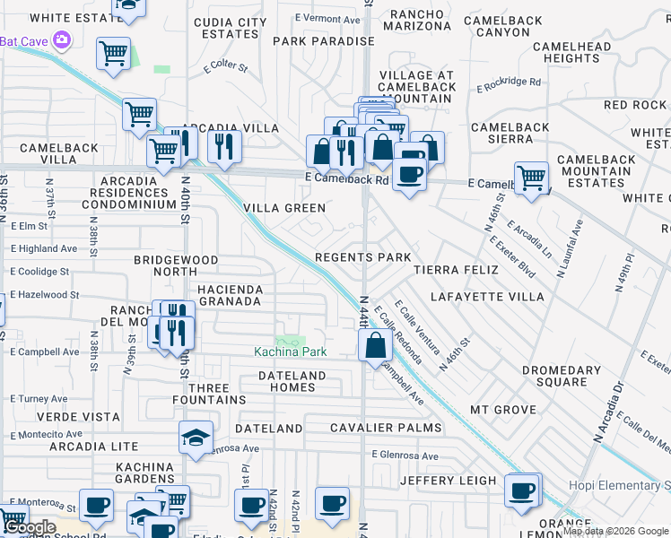 map of restaurants, bars, coffee shops, grocery stores, and more near 4309 East Calle Redonda in Phoenix