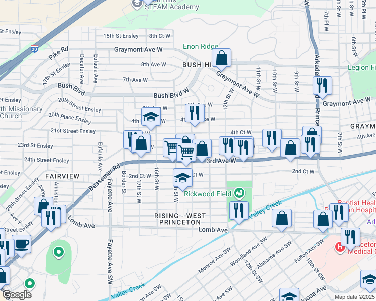 map of restaurants, bars, coffee shops, grocery stores, and more near 1401 4th Avenue West in Birmingham