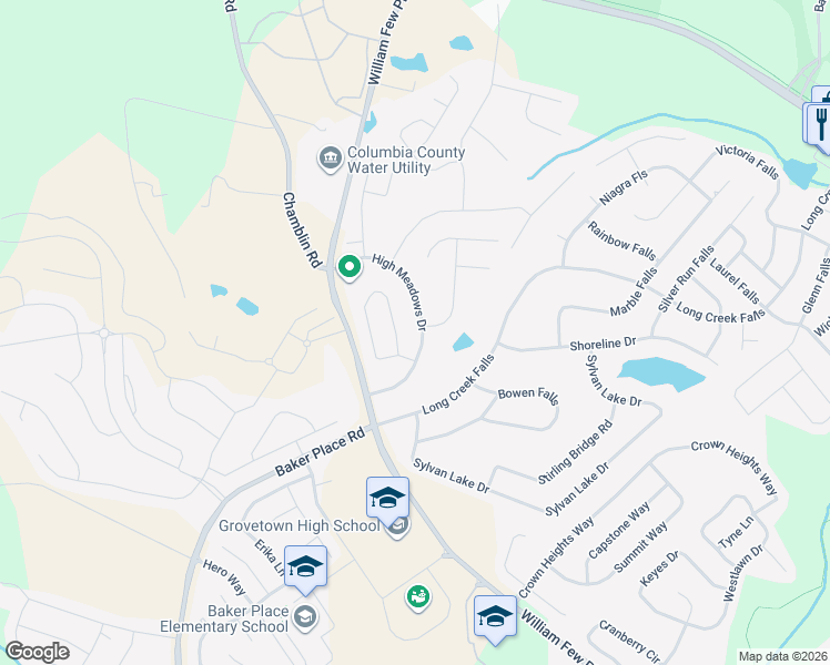 map of restaurants, bars, coffee shops, grocery stores, and more near 4825 High Meadows Drive in Grovetown