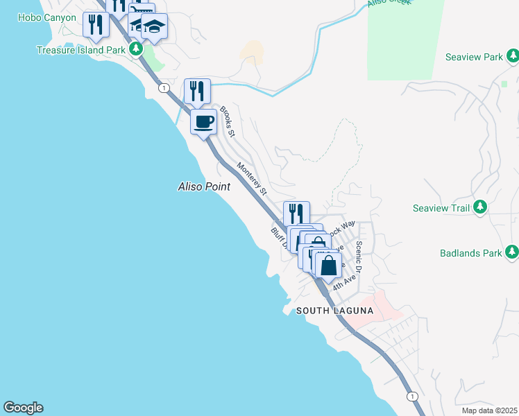 map of restaurants, bars, coffee shops, grocery stores, and more near 31423 Coast Highway in Laguna Beach
