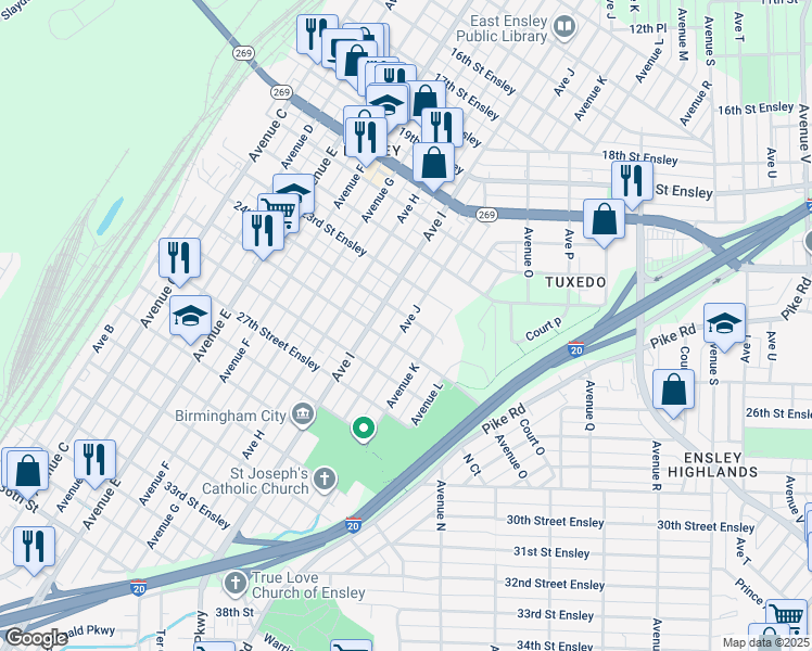 map of restaurants, bars, coffee shops, grocery stores, and more near 2425 Avenue J in Birmingham