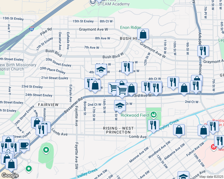 map of restaurants, bars, coffee shops, grocery stores, and more near 1509 4th Avenue West in Birmingham