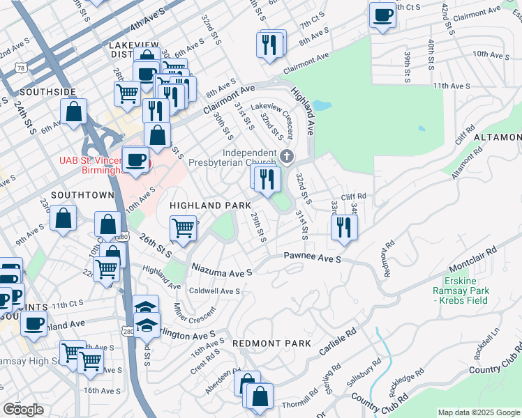 map of restaurants, bars, coffee shops, grocery stores, and more near 1223 29th Street South in Birmingham