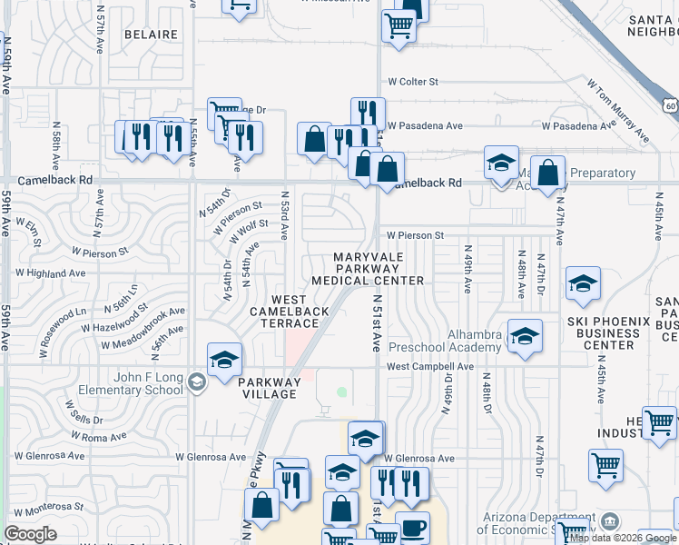 map of restaurants, bars, coffee shops, grocery stores, and more near 4674-4698 N Maryvale Pkwy in Phoenix