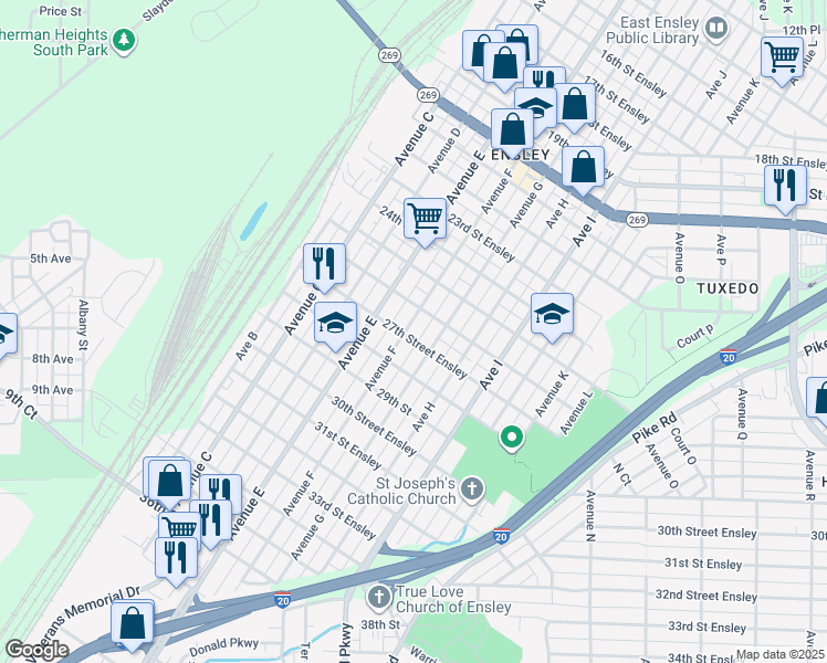 map of restaurants, bars, coffee shops, grocery stores, and more near 2705 Avenue F in Birmingham