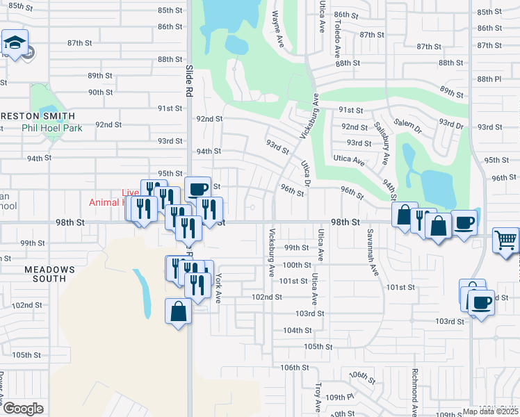 map of restaurants, bars, coffee shops, grocery stores, and more near 9622 Vicksburg Avenue in Lubbock
