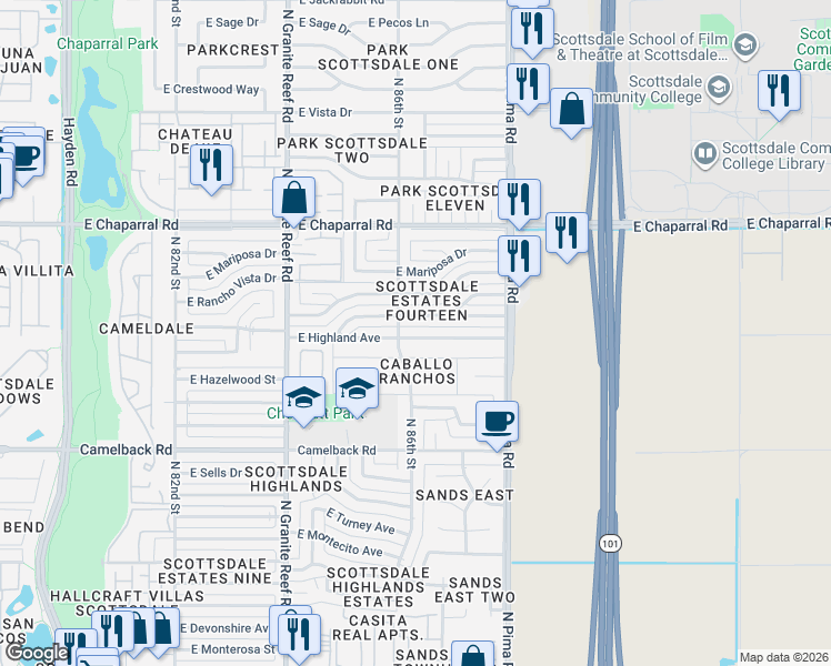 map of restaurants, bars, coffee shops, grocery stores, and more near 8601 East Highland Avenue in Scottsdale