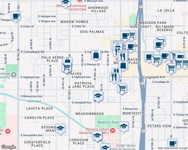 map of restaurants, bars, coffee shops, grocery stores, and more near 1408 East Highland Avenue in Phoenix