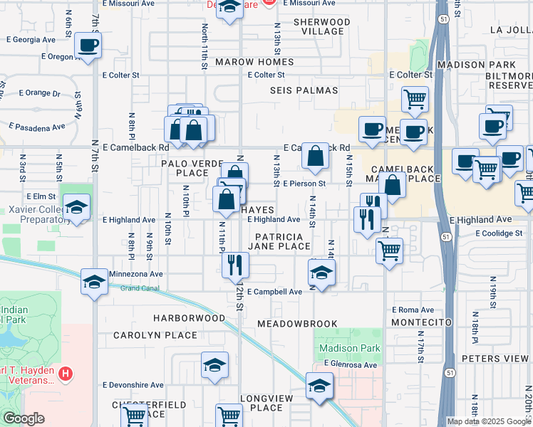 map of restaurants, bars, coffee shops, grocery stores, and more near 1235 East Highland Avenue in Phoenix