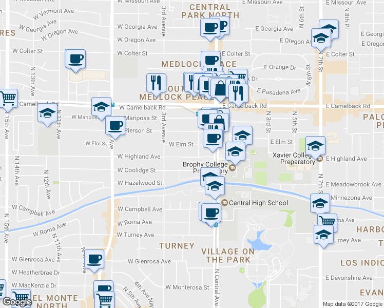 map of restaurants, bars, coffee shops, grocery stores, and more near 101 West Highland Avenue in Phoenix