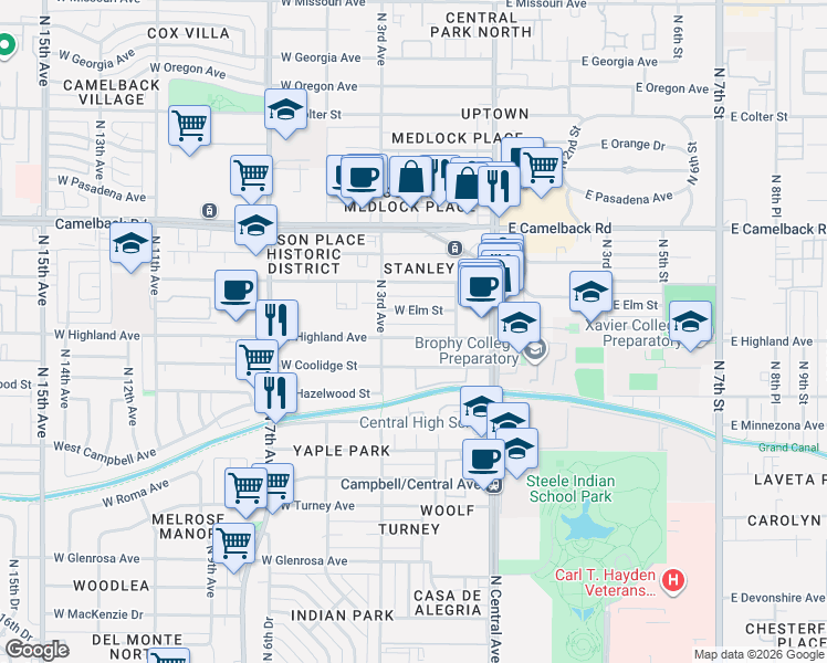 map of restaurants, bars, coffee shops, grocery stores, and more near 133 West Highland Avenue in Phoenix