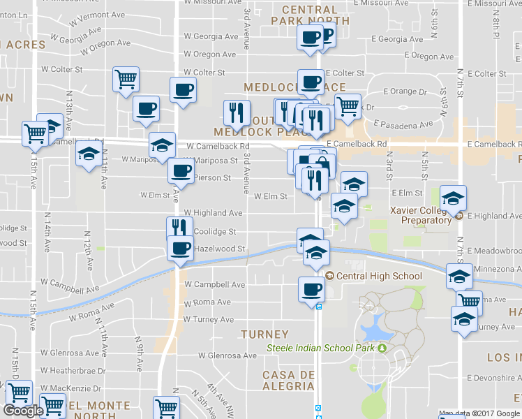 map of restaurants, bars, coffee shops, grocery stores, and more near 133 West Highland Avenue in Phoenix