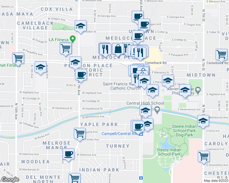 map of restaurants, bars, coffee shops, grocery stores, and more near 133 West Highland Avenue in Phoenix