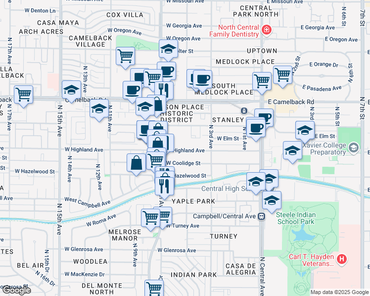 map of restaurants, bars, coffee shops, grocery stores, and more near 339 West Highland Avenue in Phoenix