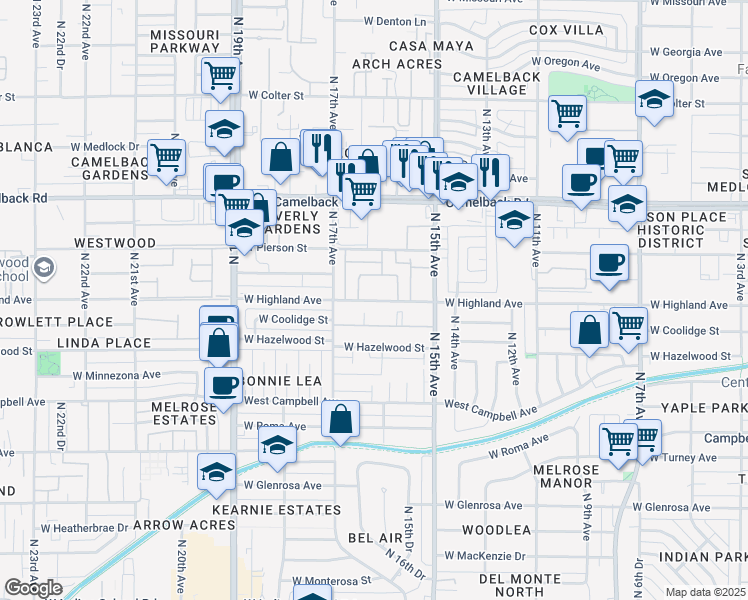 map of restaurants, bars, coffee shops, grocery stores, and more near 1603 West Highland Avenue in Phoenix