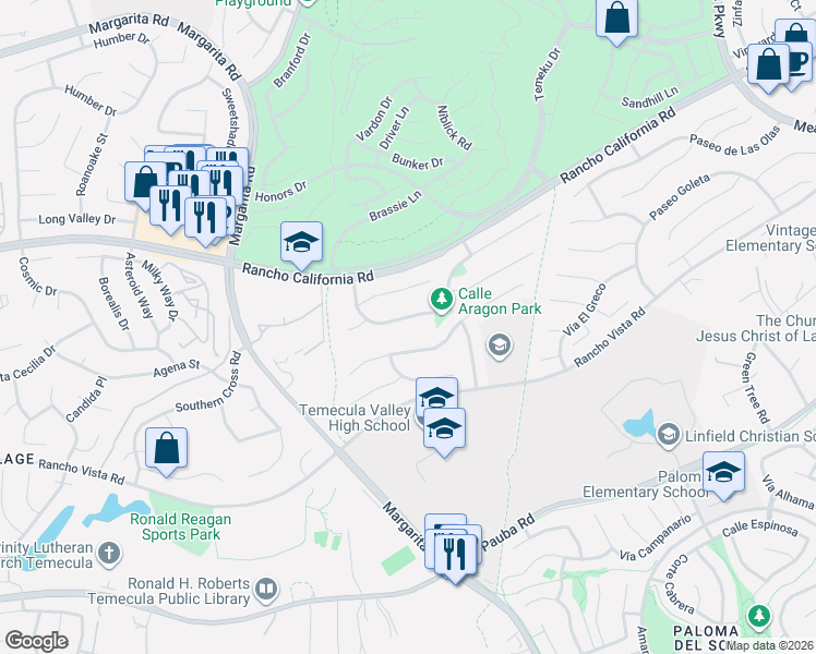 map of restaurants, bars, coffee shops, grocery stores, and more near 31060 Corte Arroyo Vista in Temecula