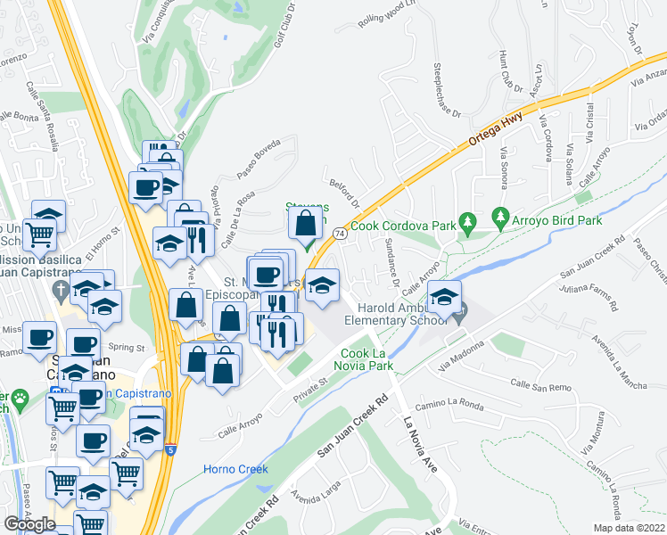map of restaurants, bars, coffee shops, grocery stores, and more near 27506 La Novia Avenue in San Juan Capistrano