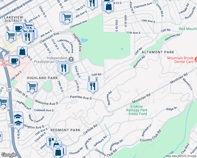 map of restaurants, bars, coffee shops, grocery stores, and more near 1325 34th Street South in Birmingham