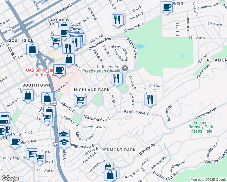 map of restaurants, bars, coffee shops, grocery stores, and more near 1223 29th Street South in Birmingham