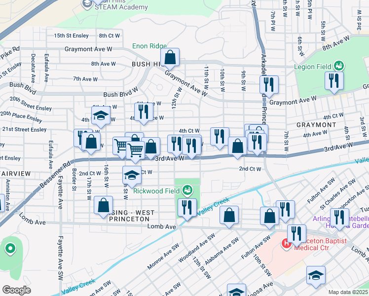 map of restaurants, bars, coffee shops, grocery stores, and more near 1118 3rd Avenue West in Birmingham