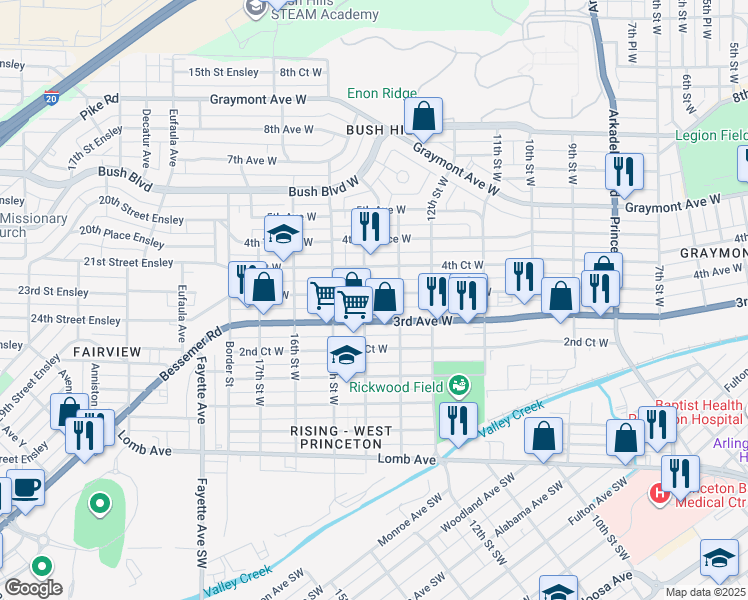 map of restaurants, bars, coffee shops, grocery stores, and more near 1312 3rd Avenue West in Birmingham