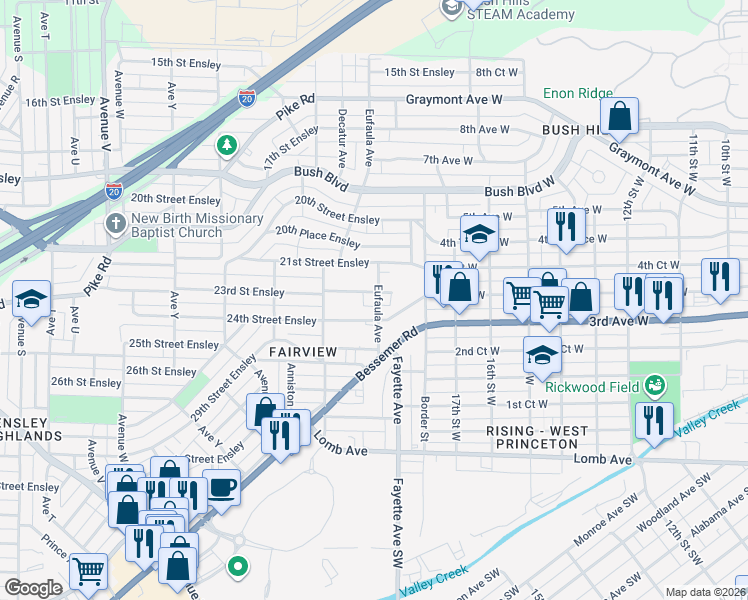 map of restaurants, bars, coffee shops, grocery stores, and more near 2316 Eufaula Avenue in Birmingham