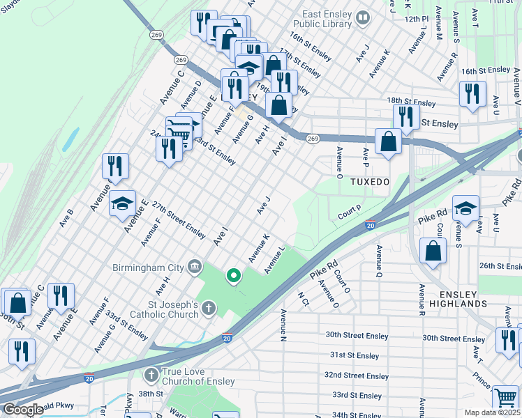 map of restaurants, bars, coffee shops, grocery stores, and more near 2413 Avenue J in Birmingham