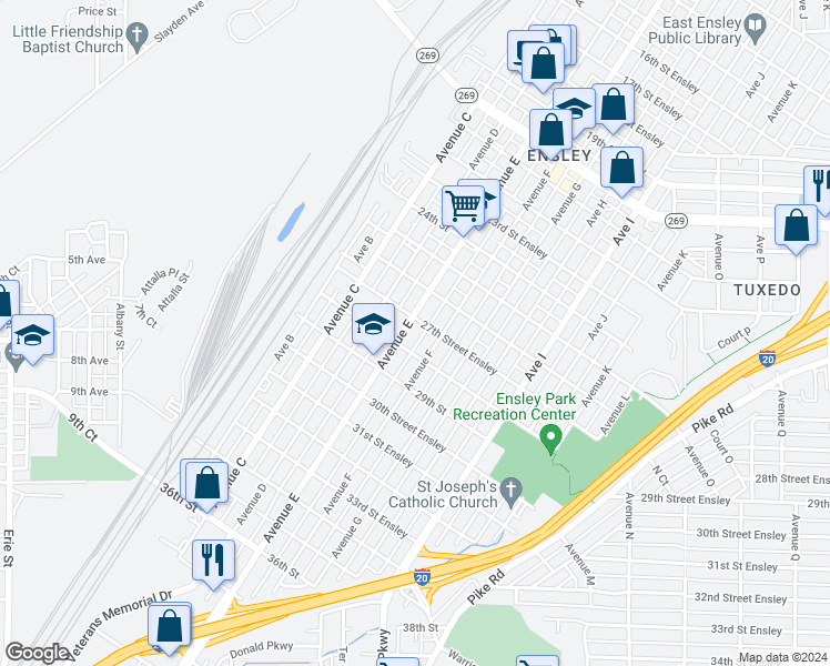 map of restaurants, bars, coffee shops, grocery stores, and more near 2723 Avenue East in Birmingham