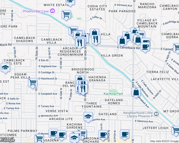 map of restaurants, bars, coffee shops, grocery stores, and more near 4010 East Coolidge Street in Phoenix