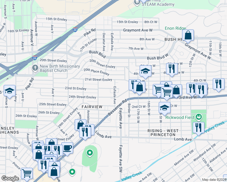 map of restaurants, bars, coffee shops, grocery stores, and more near 2316 Eufaula Avenue in Birmingham