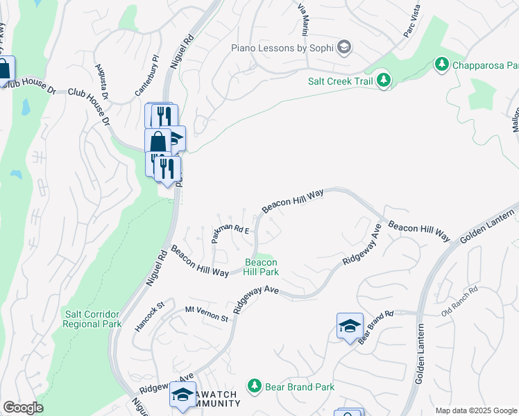 map of restaurants, bars, coffee shops, grocery stores, and more near 1 Taywood Court in Laguna Niguel
