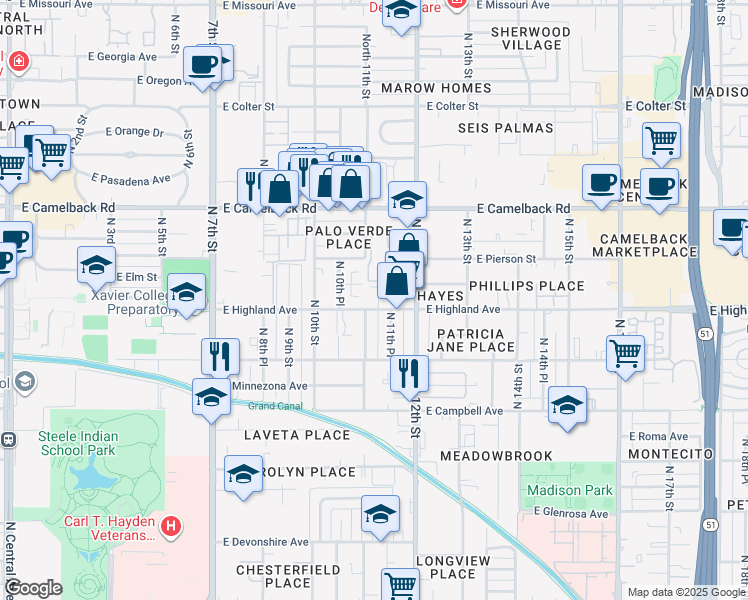 map of restaurants, bars, coffee shops, grocery stores, and more near 1108 East Highland Avenue in Phoenix