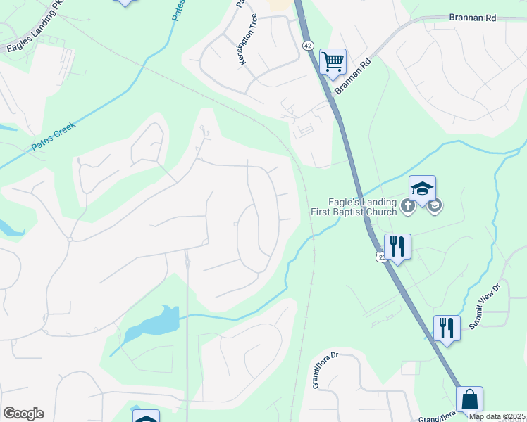 map of restaurants, bars, coffee shops, grocery stores, and more near 418 Abbey Springs Way in McDonough