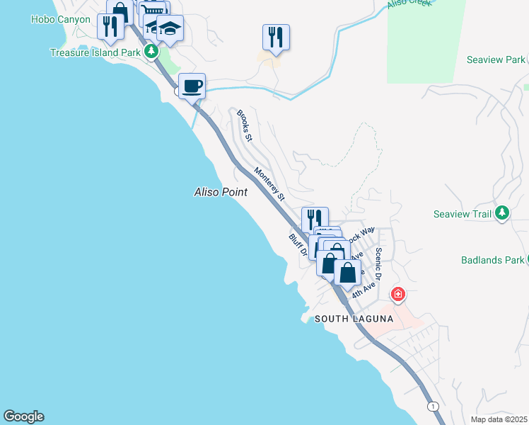 map of restaurants, bars, coffee shops, grocery stores, and more near 31423 Coast Highway in Laguna Beach