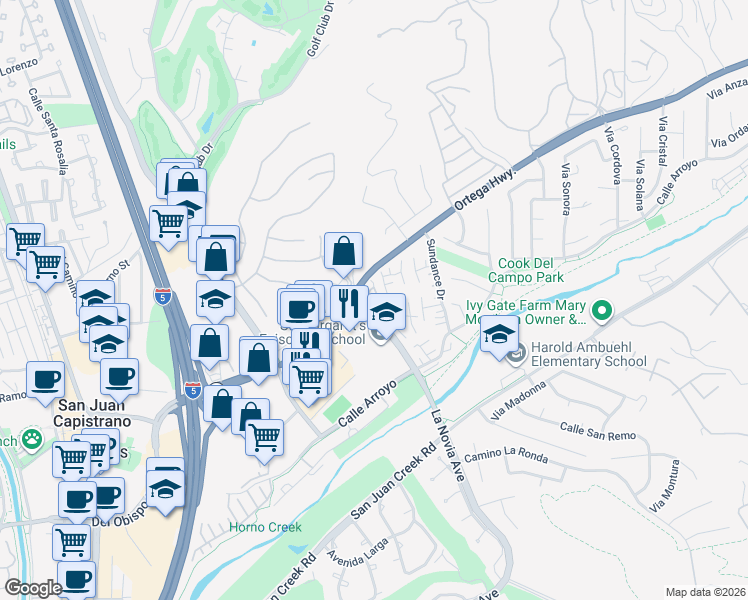 map of restaurants, bars, coffee shops, grocery stores, and more near 31492 Via La Senda in San Juan Capistrano