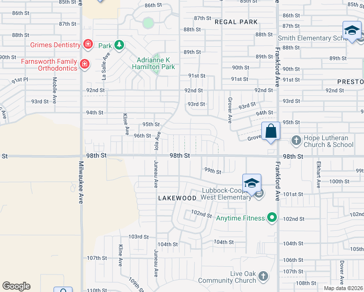 map of restaurants, bars, coffee shops, grocery stores, and more near 98th Street in Lubbock